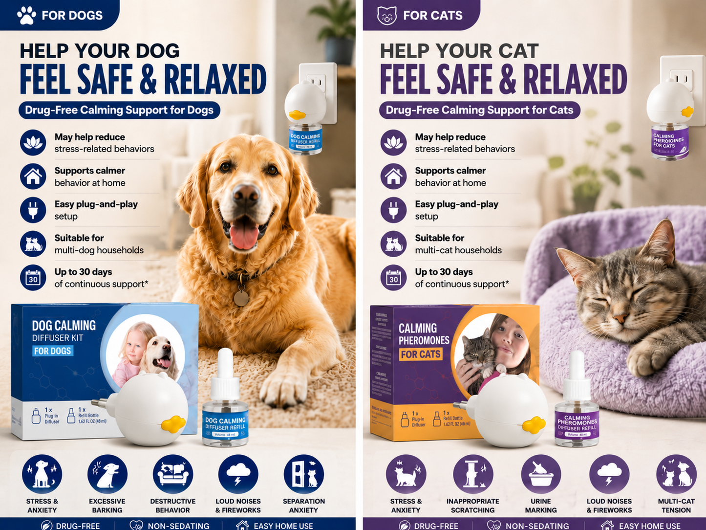 Stop Pet Anxiety Fast - Calming Pheromone Diffuser for Cats &Dogs